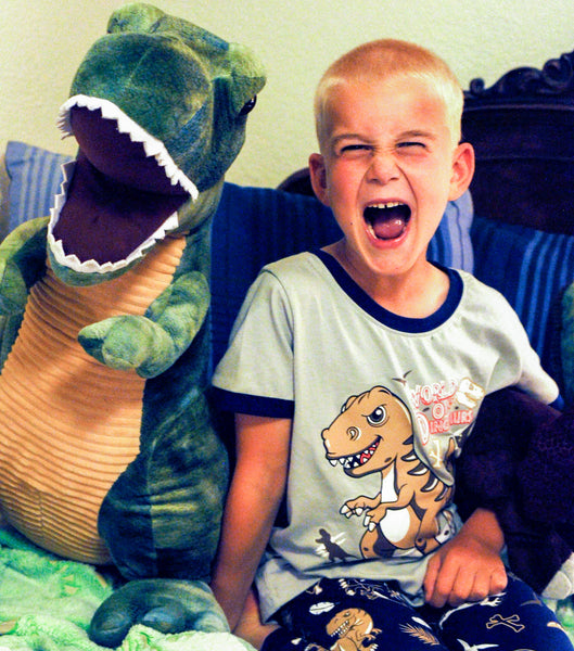 young boy "roaring" with stuffed T-Rex. wearing "world of dinosaurs" snug fit pajama sleep set. made of 100% cotton. 