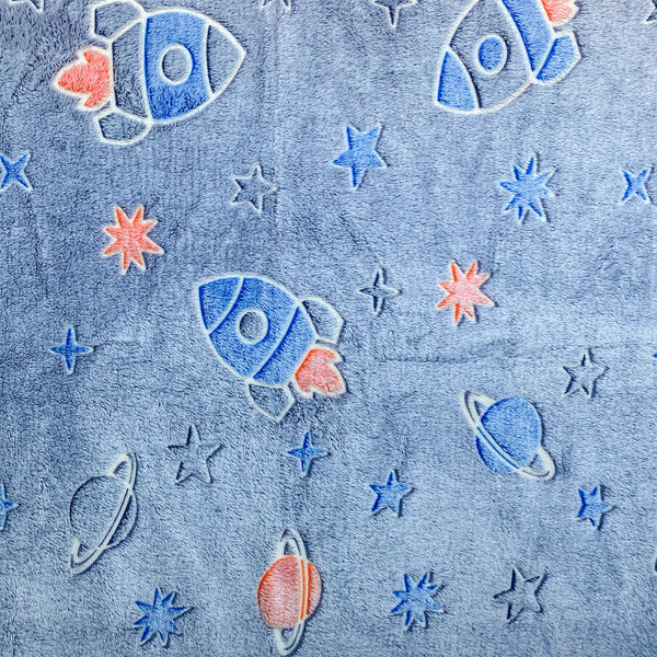 This blueish grey blanket features rocket ships, orange, blue and grey planets and stars