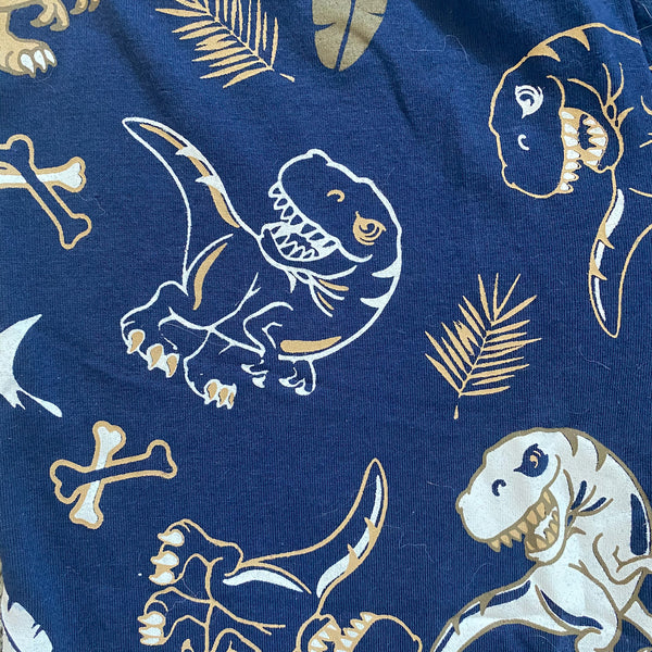 dark blue t-rex cotton pajama bottoms with brown leaves and elastic waist