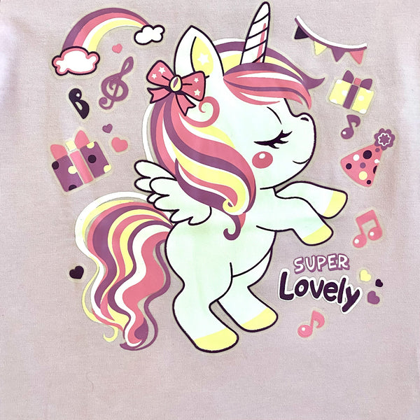 Glow in the dark purple unicorn night shirt. super lovely, rainbows, presents, party hat and music notes