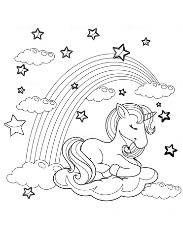 Unicorn coloring page with rainbow and stars. Free unicorn coloring page