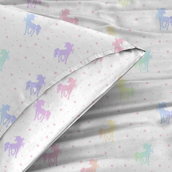 twin size unicorn sheet set. white with different color unicorns and small stars