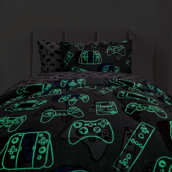 Gamer comforter and sham shown glowing in the dark