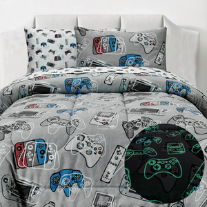 Video gamer bed set. with came controllers, grey, with blue and red and white controllers. shown with optional sheets