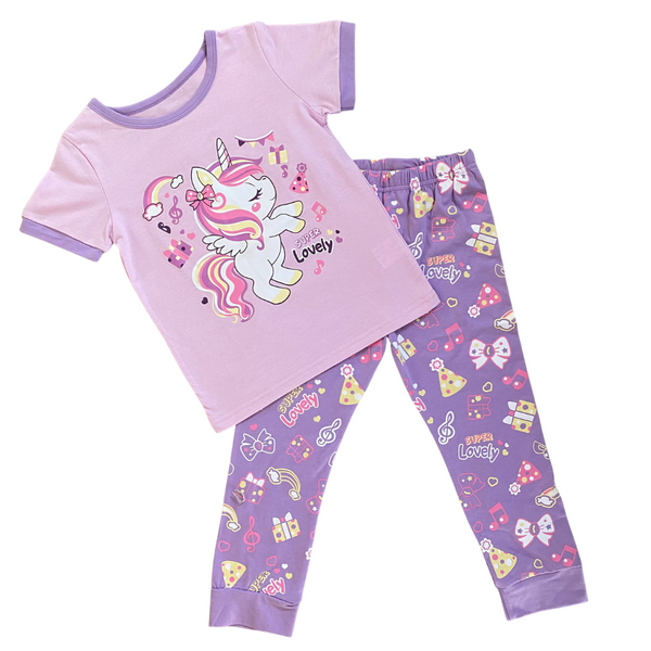 Super Lovely light purple glow in the dark unicorn sleep set. Glow in the dark shirt with purple party pants