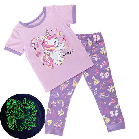 Super Lovely light purple glow in the dark unicorn sleep set. Glow in the dark shirt with purple party pants
