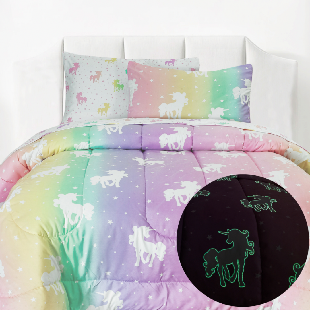 rainbow glow in the dark twin size unicorn comforter , sham and sheet set
