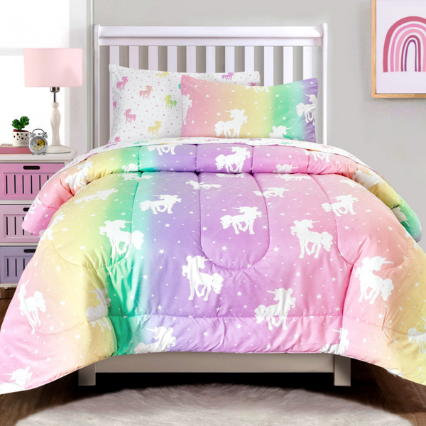 Girls room. rainbow glow in the dark twin size unicorn comforter , sham and sheet set